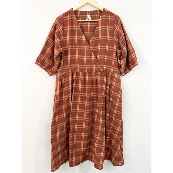 PACT Fireside Flannel Crossover Dress Large Orange Plaid Fall Cotton Boho Modest - Picture 2 of 9